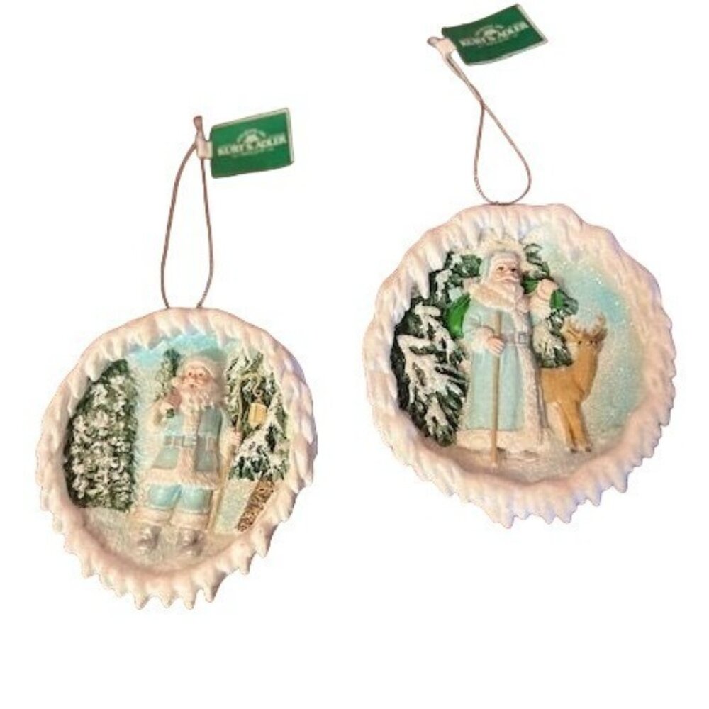 Kurt‎ S. Adler icy blue Santa & Reindeer Christmas Ornaments Set Of 2